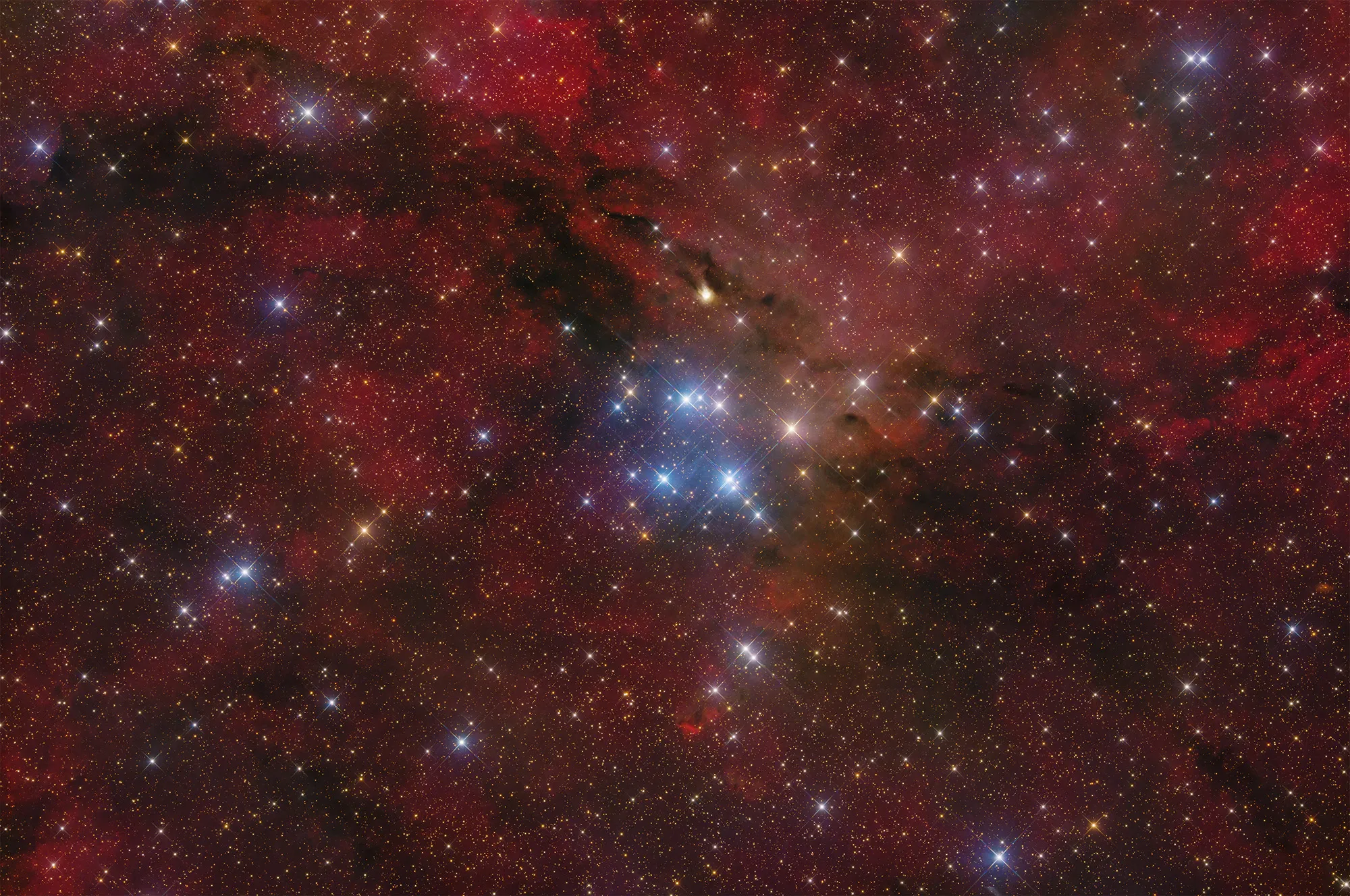 Enxame estelar azul imerso em nebulosidade vermelha, num campo denso de estrelas