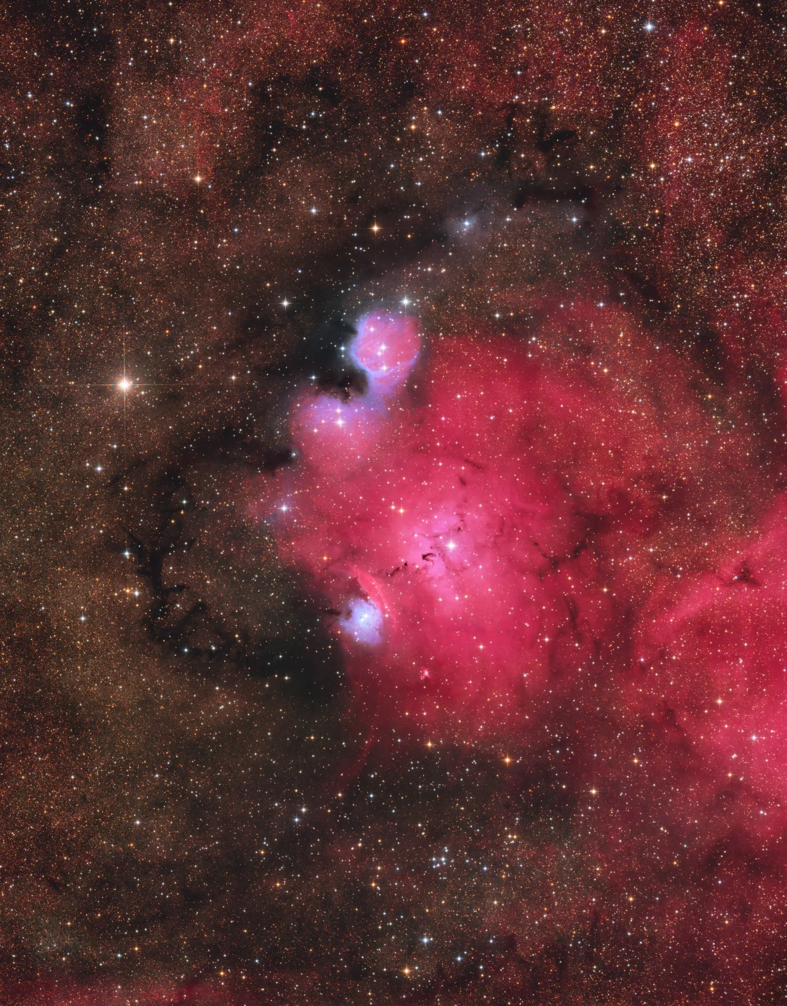 Nebulosa do Dragão Chinês, com emissão rosada e nebulosas de reflexão azuis