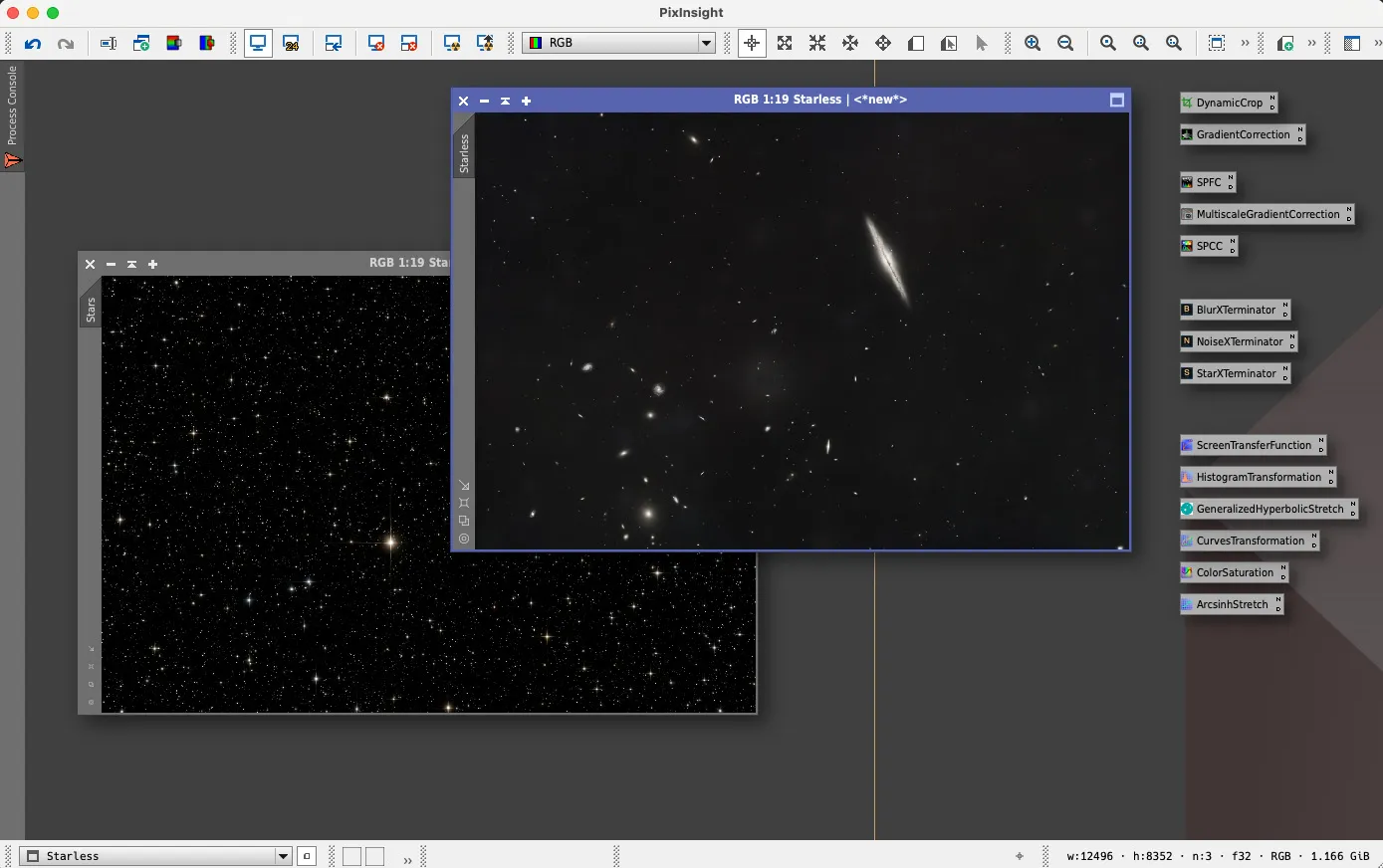 Sessão de edição em PixInsight, com a imagem separada em estrelas e starless